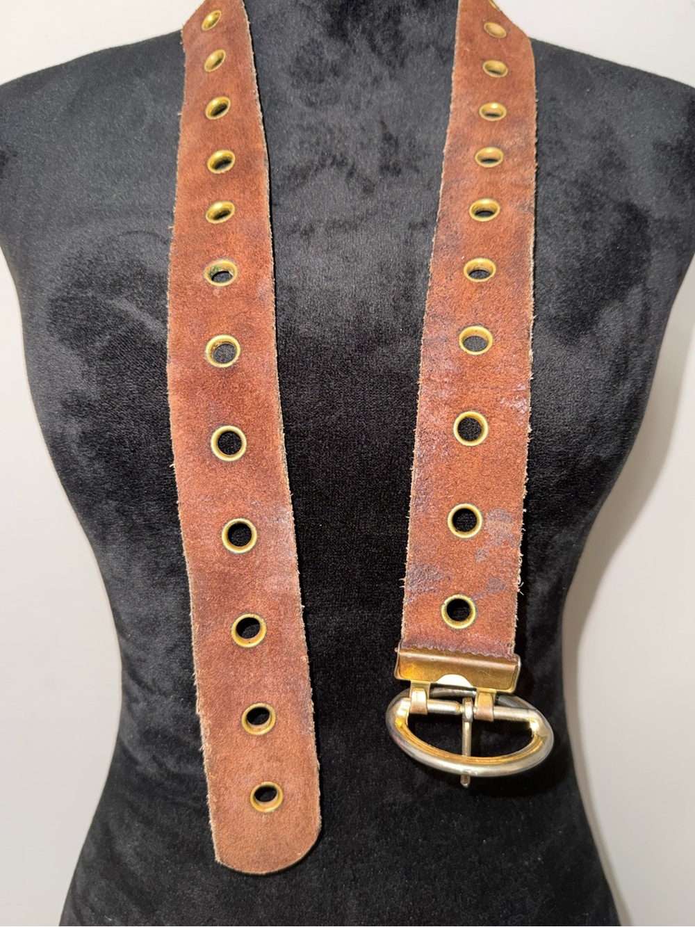 Vintage Brown Leather Double Grommet Wrap Belt | Silver Round Buckle | Boho - Picture 5 of 6